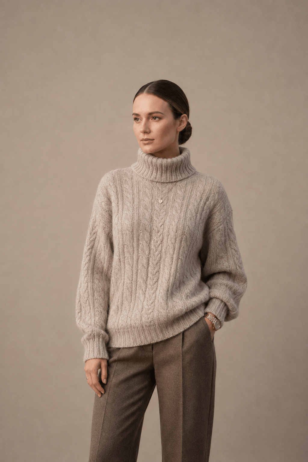 Damen-Pullover in Beige mit Zopfmuster und Rollkragen